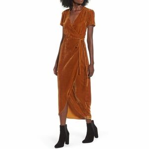 Wayf Next To You Velvet Wrap Dress In Burnt Orange Size Small